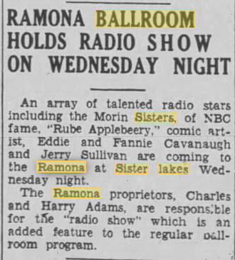 Ramona Ballroom/Dance Pavilion at Sister Lakes - 17 Jul 1934 Article